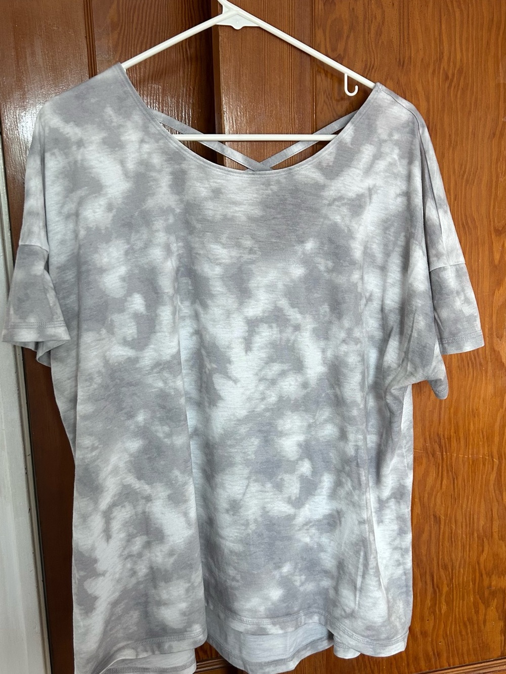 Ideology Gray Tie-Dye Short Sleeve Top with Crisscross Back